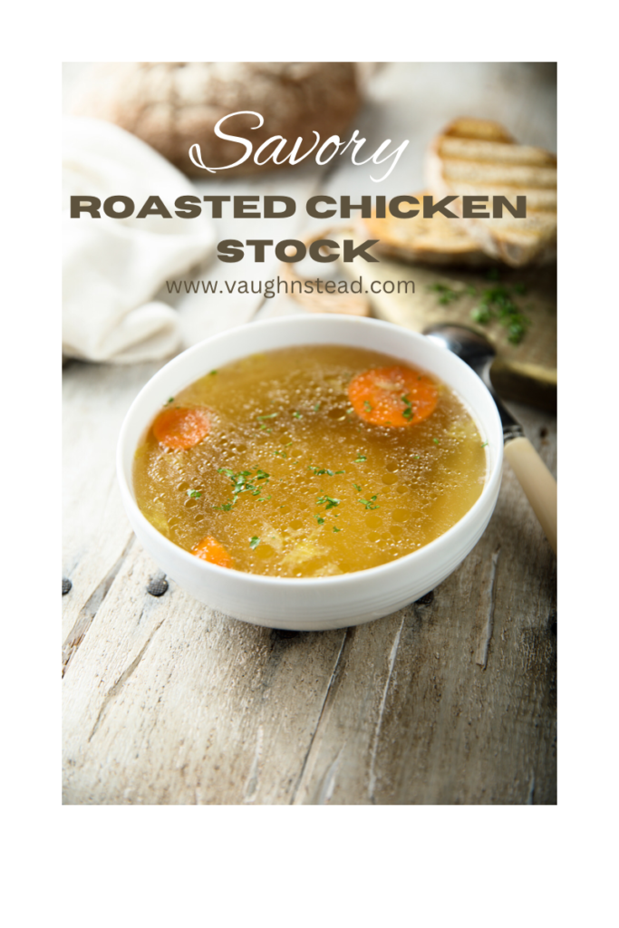 Warm roasted chicken stock in a bowl